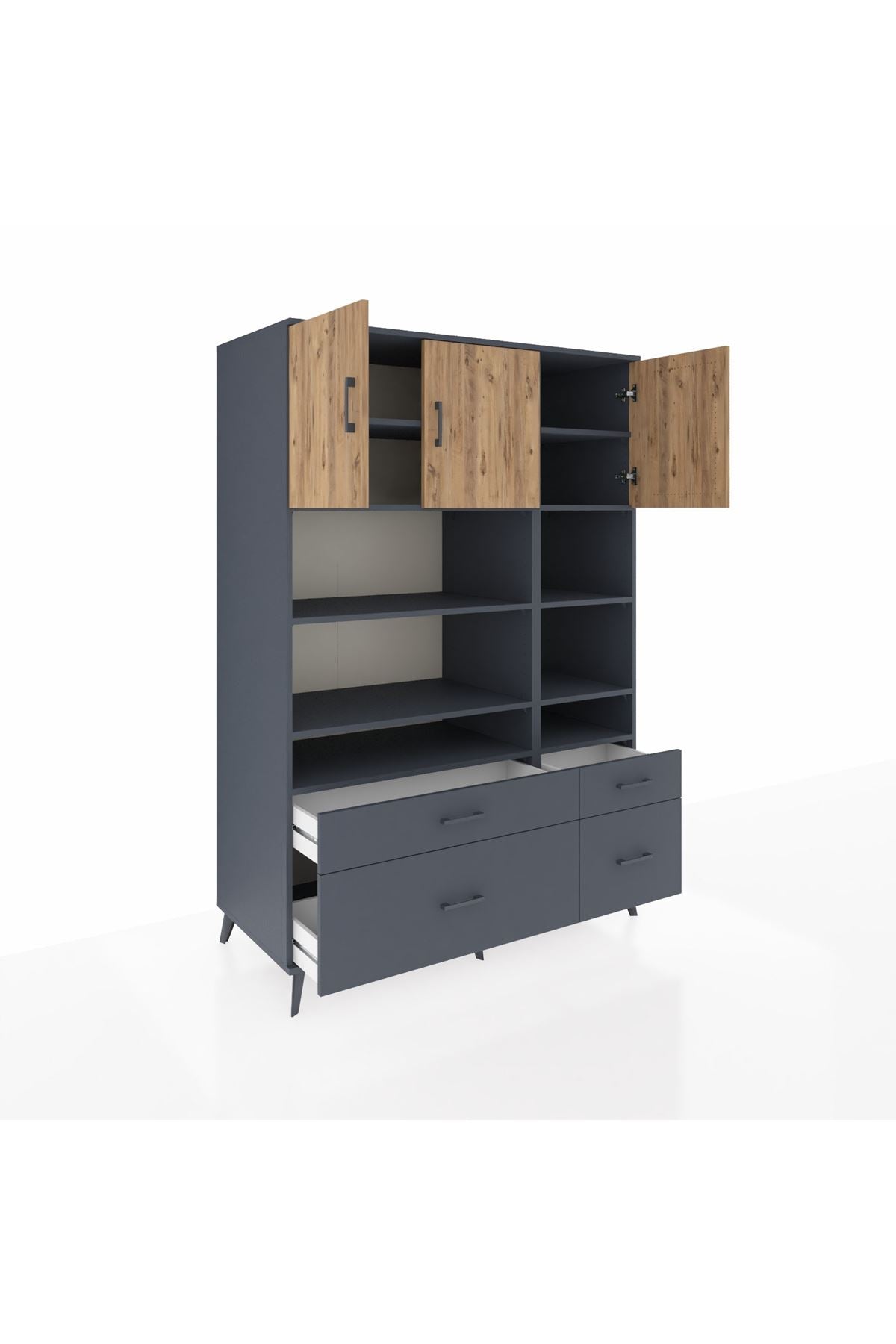 Kronos Dolap 10 Raflı 4 Çekmeceli 3 Kapaklı 132x59x195 Antrasit-Çam/Antrasit