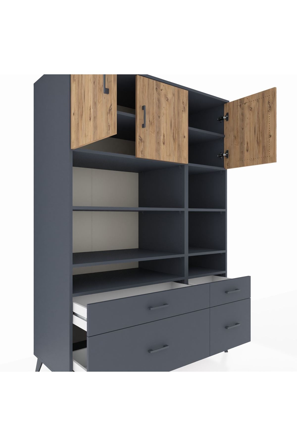Kronos Dolap 10 Raflı 4 Çekmeceli 3 Kapaklı 132x59x195 Antrasit-Çam/Antrasit