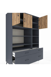 Kronos Dolap 10 Raflı 4 Çekmeceli 3 Kapaklı 132x59x195 Antrasit-Çam/Antrasit