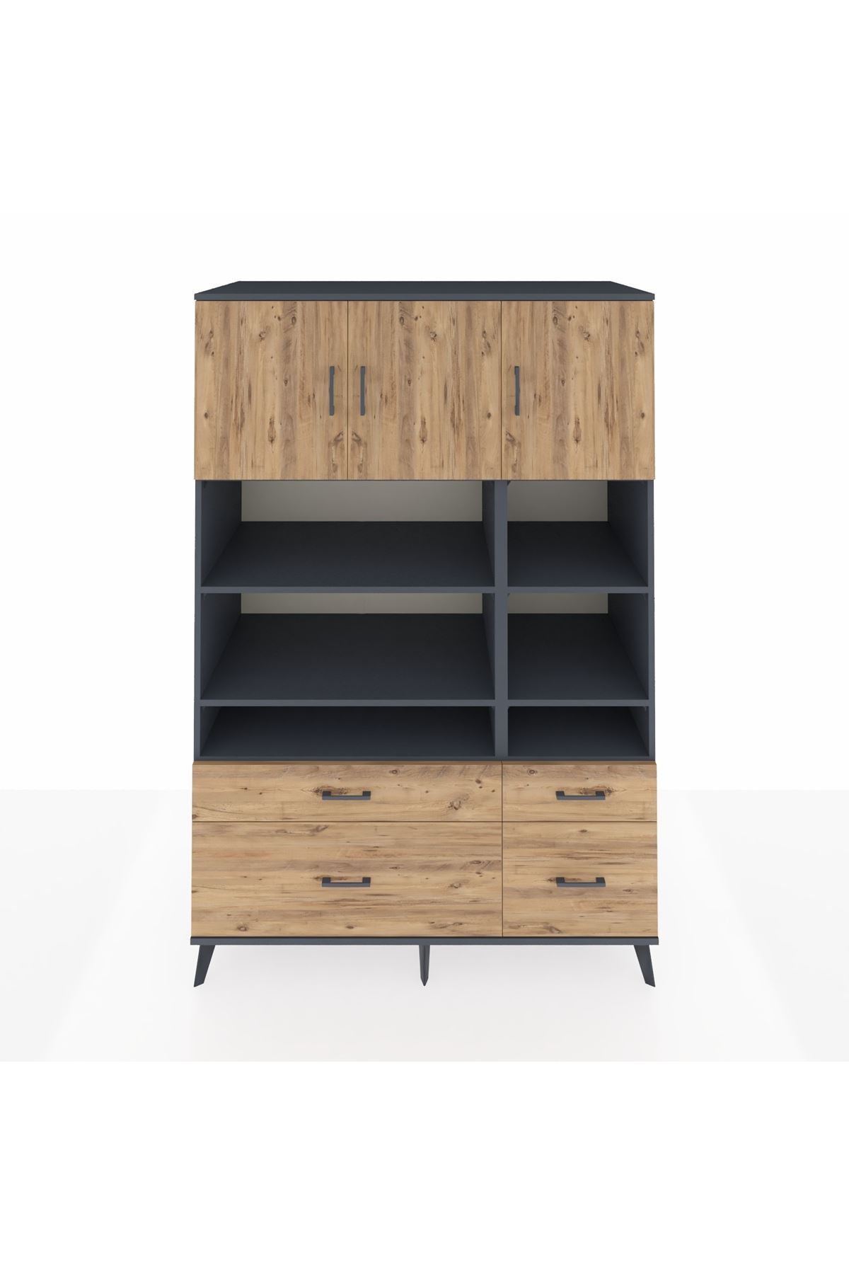 Kronos Dolap 10 Raflı 4 Çekmeceli 3 Kapaklı 132x59x195 Antrasit-Çam/Çam