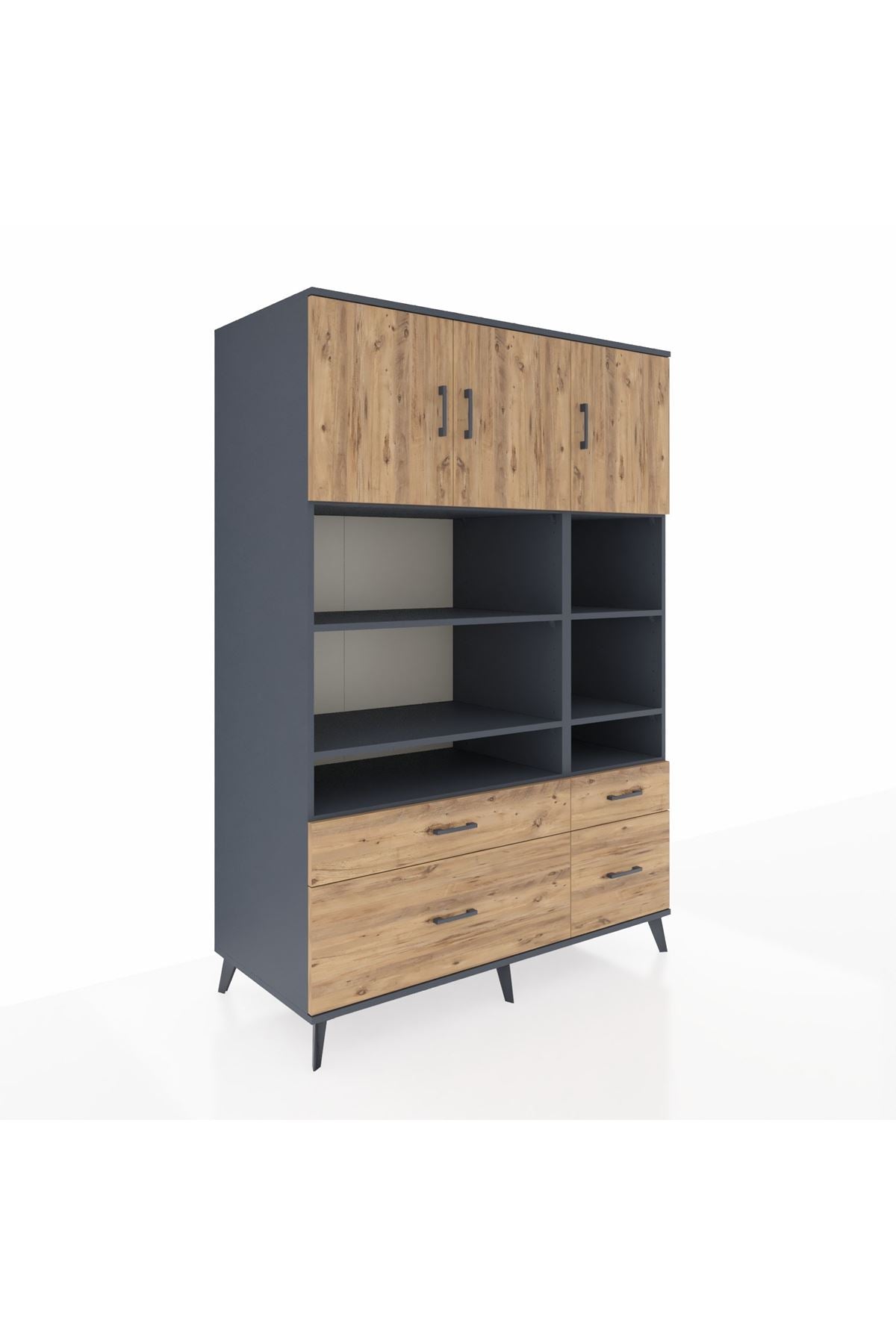 Kronos Dolap 10 Raflı 4 Çekmeceli 3 Kapaklı 132x59x195 Antrasit-Çam/Çam