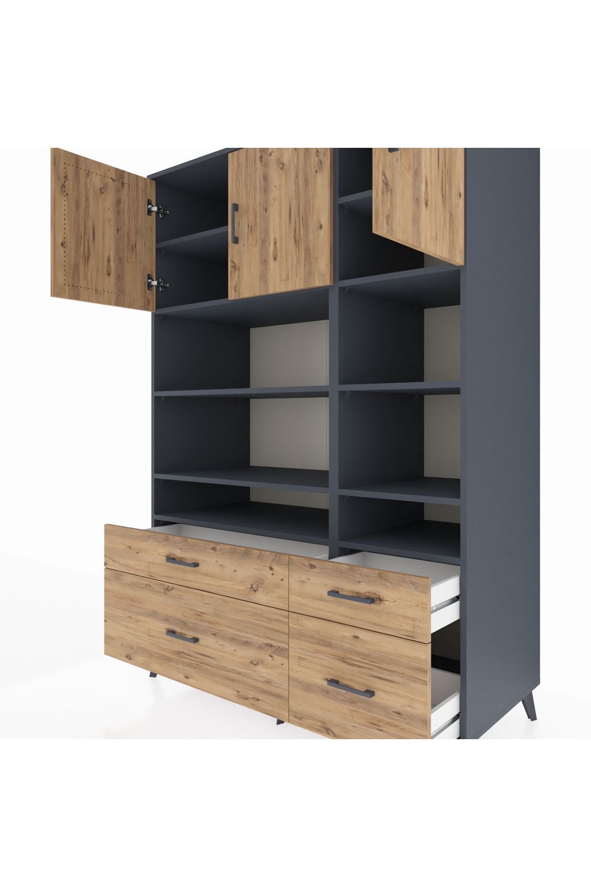 Kronos Dolap 10 Raflı 4 Çekmeceli 3 Kapaklı 132x59x195 Antrasit-Çam/Çam