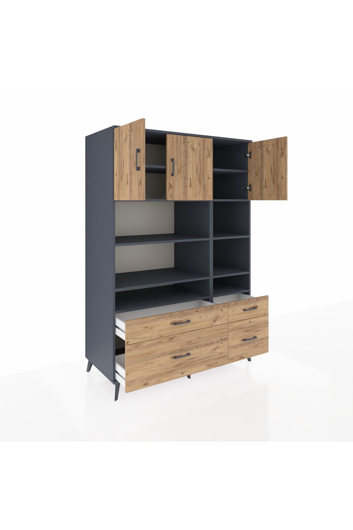 Kronos Dolap 10 Raflı 4 Çekmeceli 3 Kapaklı 132x59x195 Antrasit-Çam/Çam