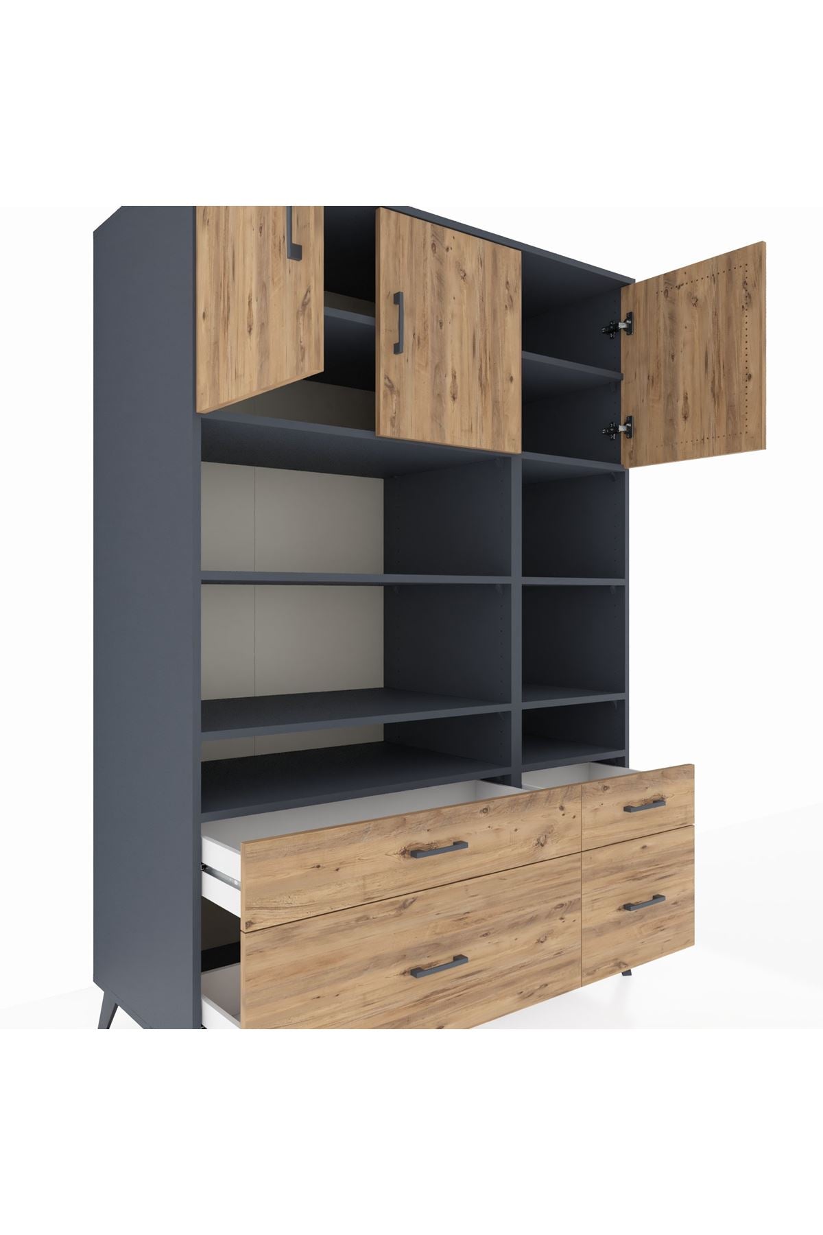 Kronos Dolap 10 Raflı 4 Çekmeceli 3 Kapaklı 132x59x195 Antrasit-Çam/Çam