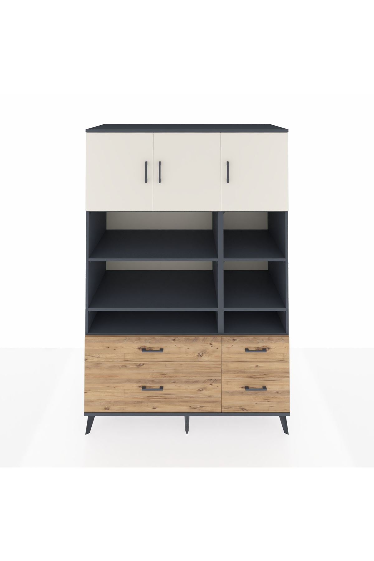 Kronos Dolap 10 Raflı 4 Çekmeceli 3 Kapaklı 132x59x195 Antrasit-Aytaşı/Çam