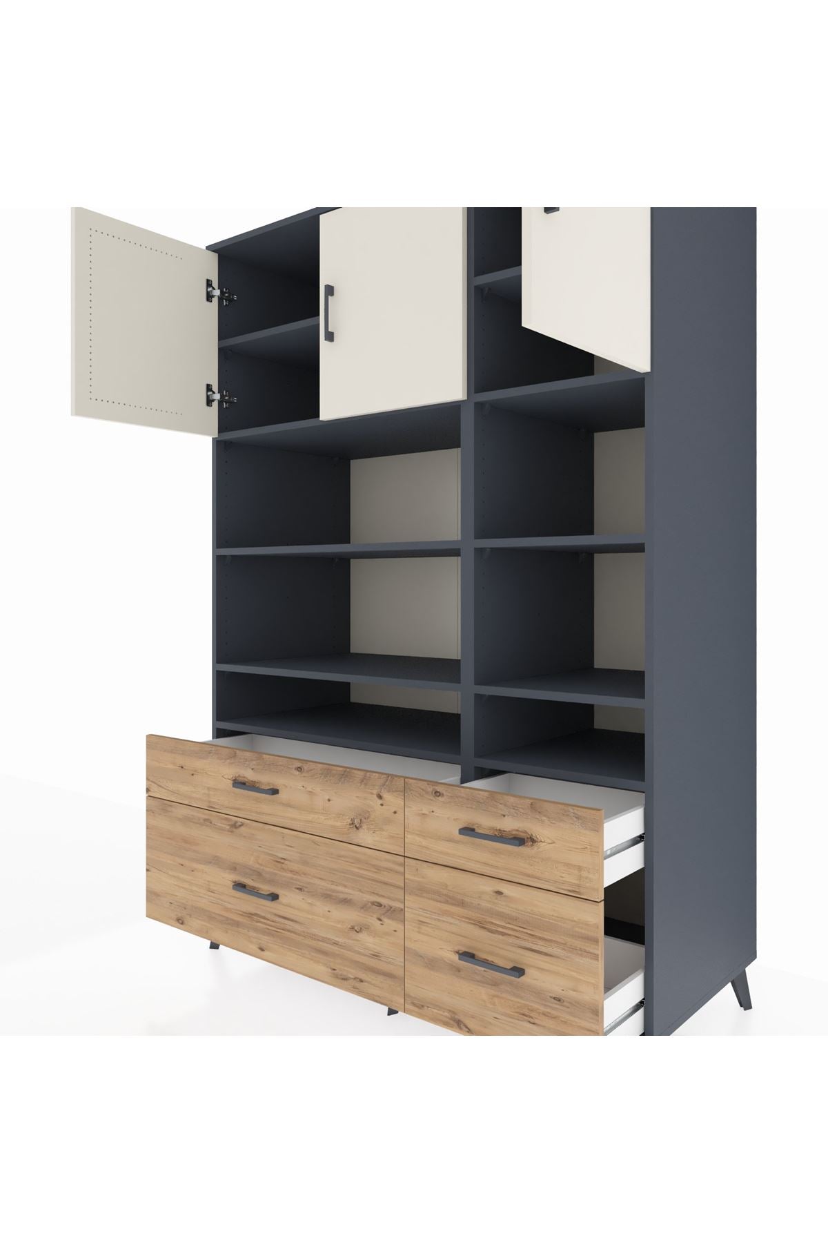 Kronos Dolap 10 Raflı 4 Çekmeceli 3 Kapaklı 132x59x195 Antrasit-Aytaşı/Çam