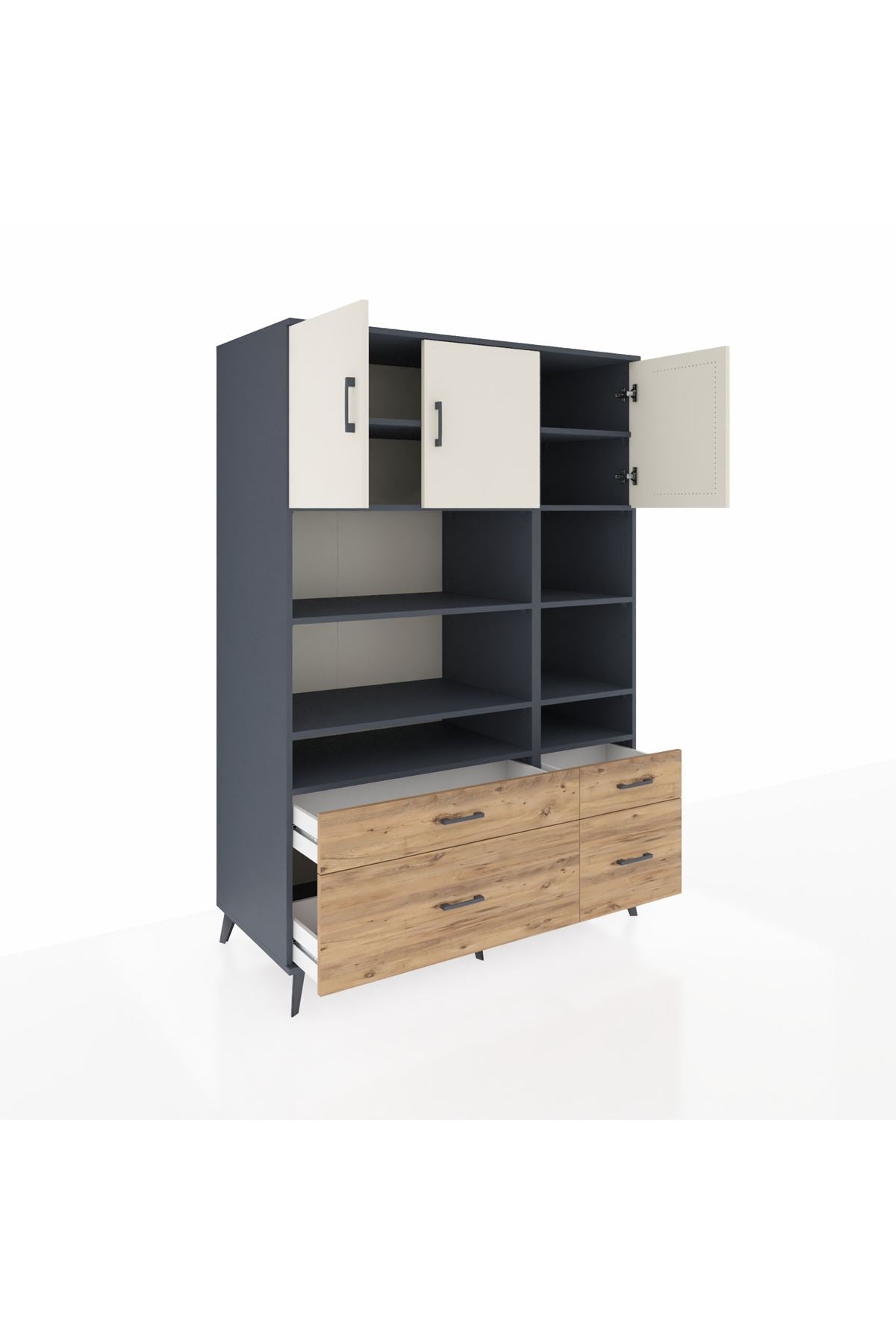 Kronos Dolap 10 Raflı 4 Çekmeceli 3 Kapaklı 132x59x195 Antrasit-Aytaşı/Çam