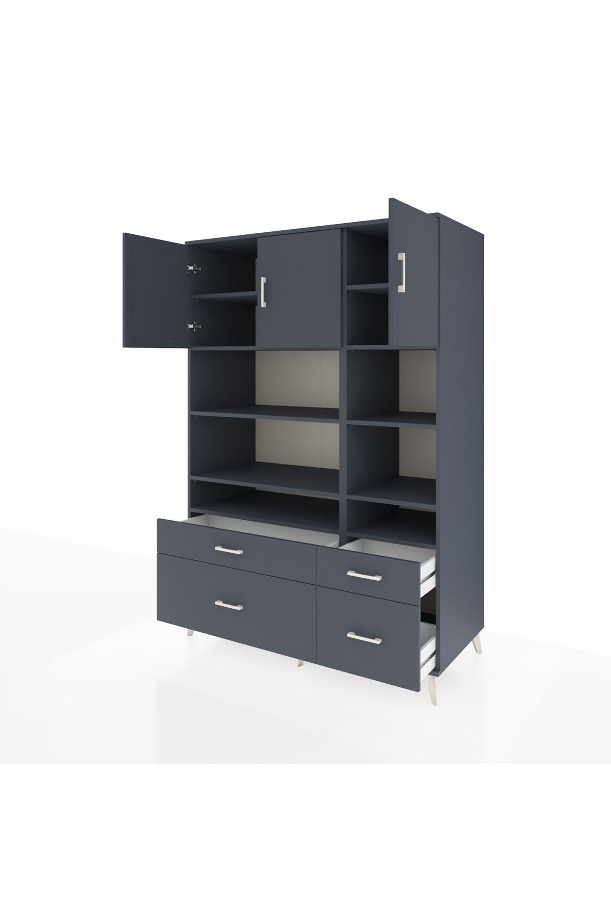 Kronos Dolap 10 Raflı 4 Çekmeceli 3 Kapaklı 132x59x195 Antrasit-Antrasit/Antrasit