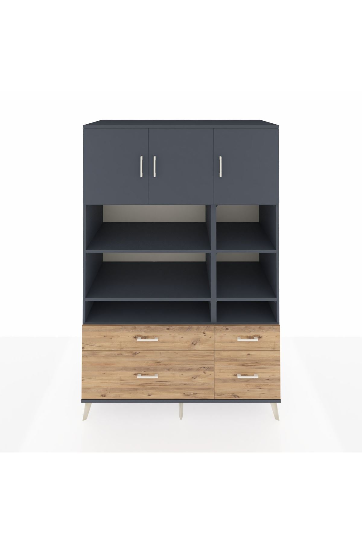 Kronos Dolap 10 Raflı 4 Çekmeceli 3 Kapaklı 132x59x195 Antrasit-Antrasit/Çam