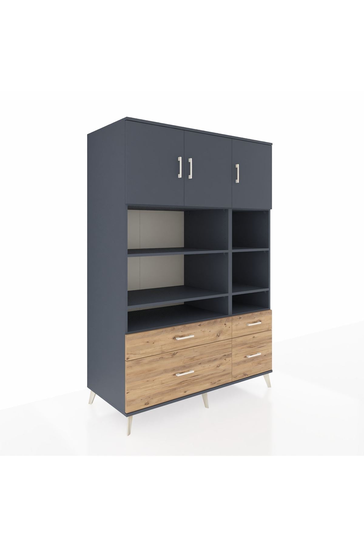 Kronos Dolap 10 Raflı 4 Çekmeceli 3 Kapaklı 132x59x195 Antrasit-Antrasit/Çam