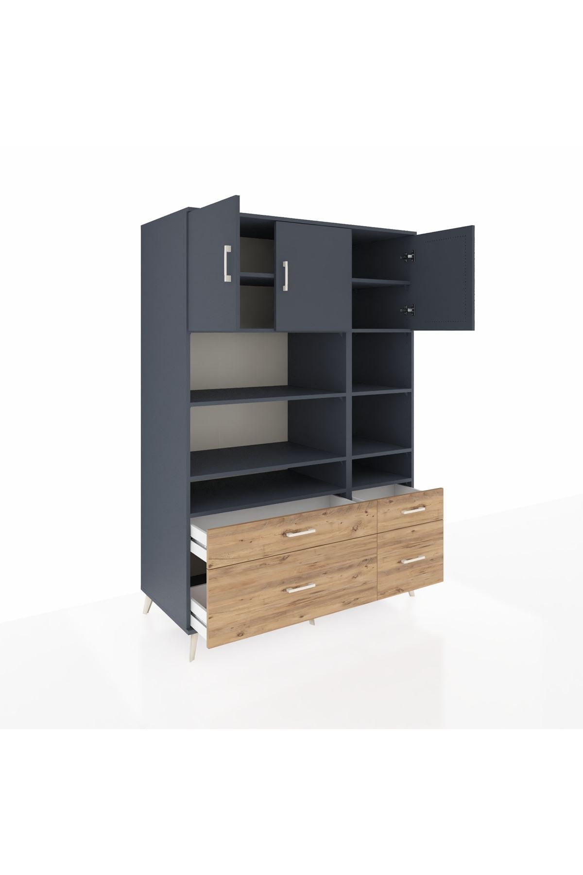 Kronos Dolap 10 Raflı 4 Çekmeceli 3 Kapaklı 132x59x195 Antrasit-Antrasit/Çam