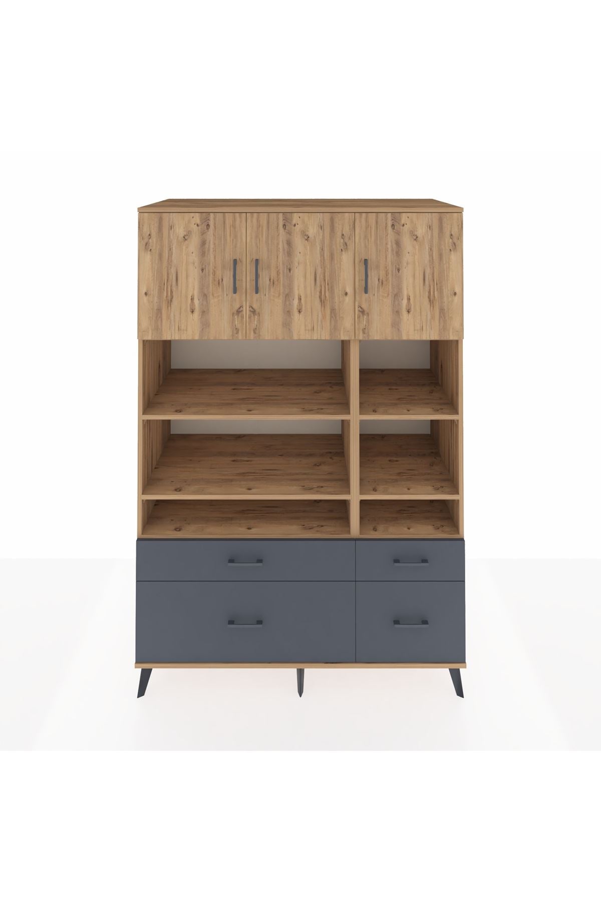 Kronos Dolap 10 Raflı 4 Çekmeceli 3 Kapaklı 132x59x195 Çam-Çam/Antrasit