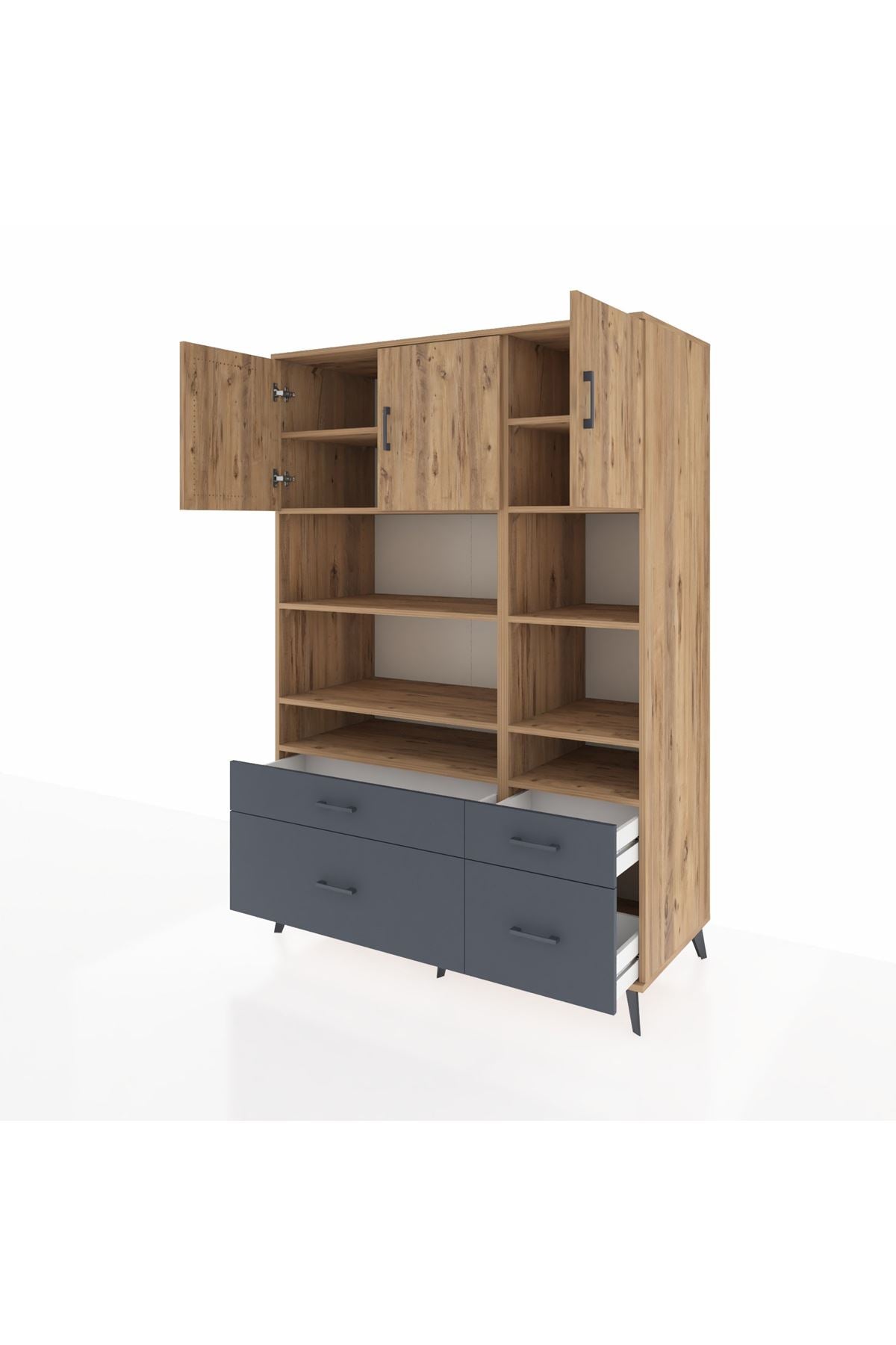 Kronos Dolap 10 Raflı 4 Çekmeceli 3 Kapaklı 132x59x195 Çam-Çam/Antrasit