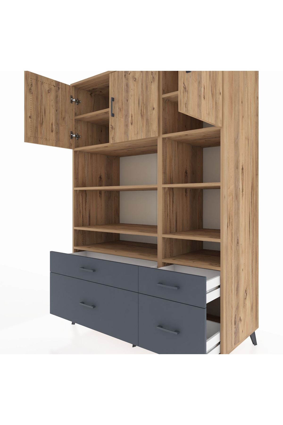 Kronos Dolap 10 Raflı 4 Çekmeceli 3 Kapaklı 132x59x195 Çam-Çam/Antrasit