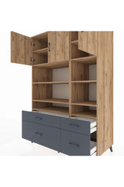 Kronos Dolap 10 Raflı 4 Çekmeceli 3 Kapaklı 132x59x195 Çam-Çam/Antrasit