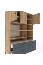 Kronos Dolap 10 Raflı 4 Çekmeceli 3 Kapaklı 132x59x195 Çam-Çam/Antrasit