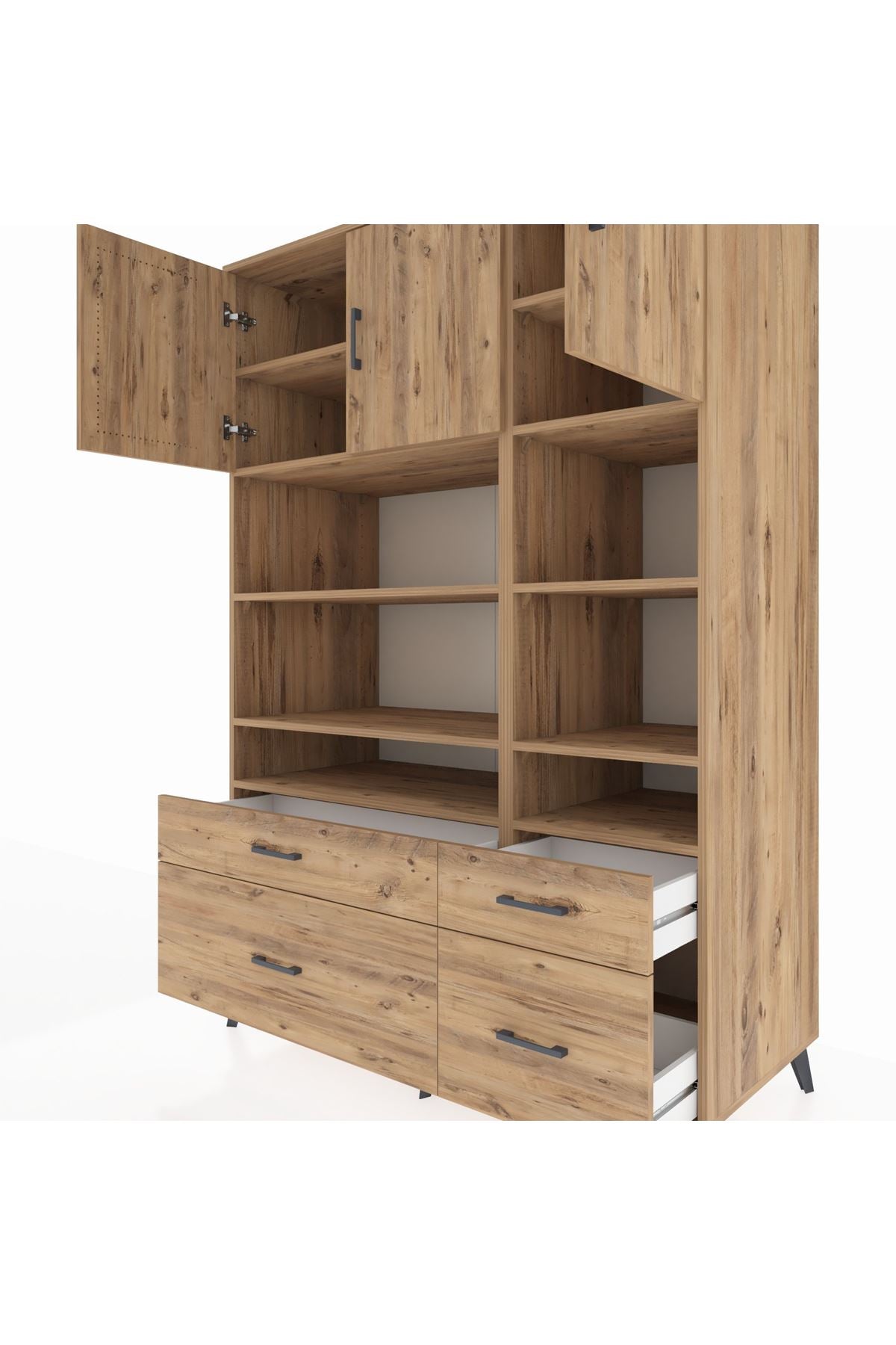 Kronos Dolap 10 Raflı 4 Çekmeceli 3 Kapaklı 132x59x195 Çam-Çam/Çam