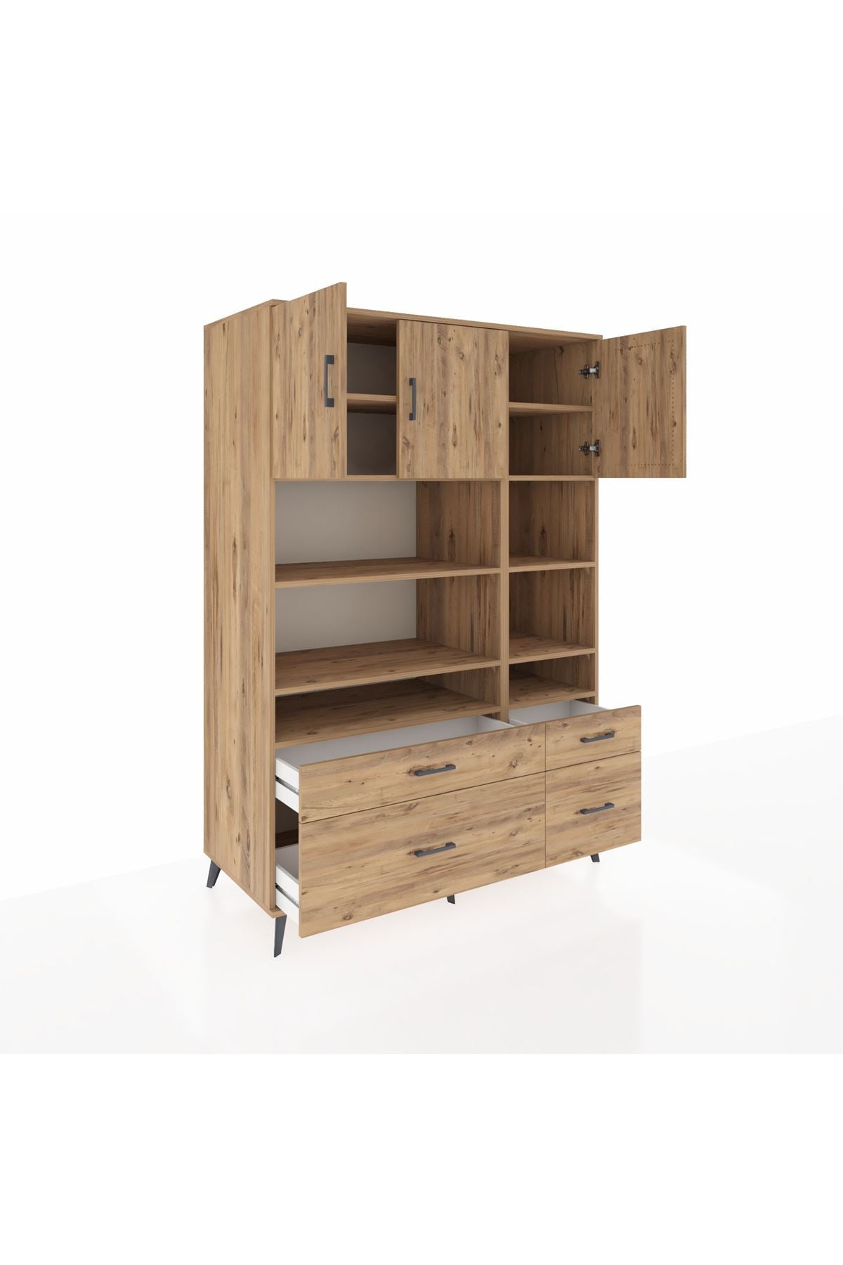 Kronos Dolap 10 Raflı 4 Çekmeceli 3 Kapaklı 132x59x195 Çam-Çam/Çam