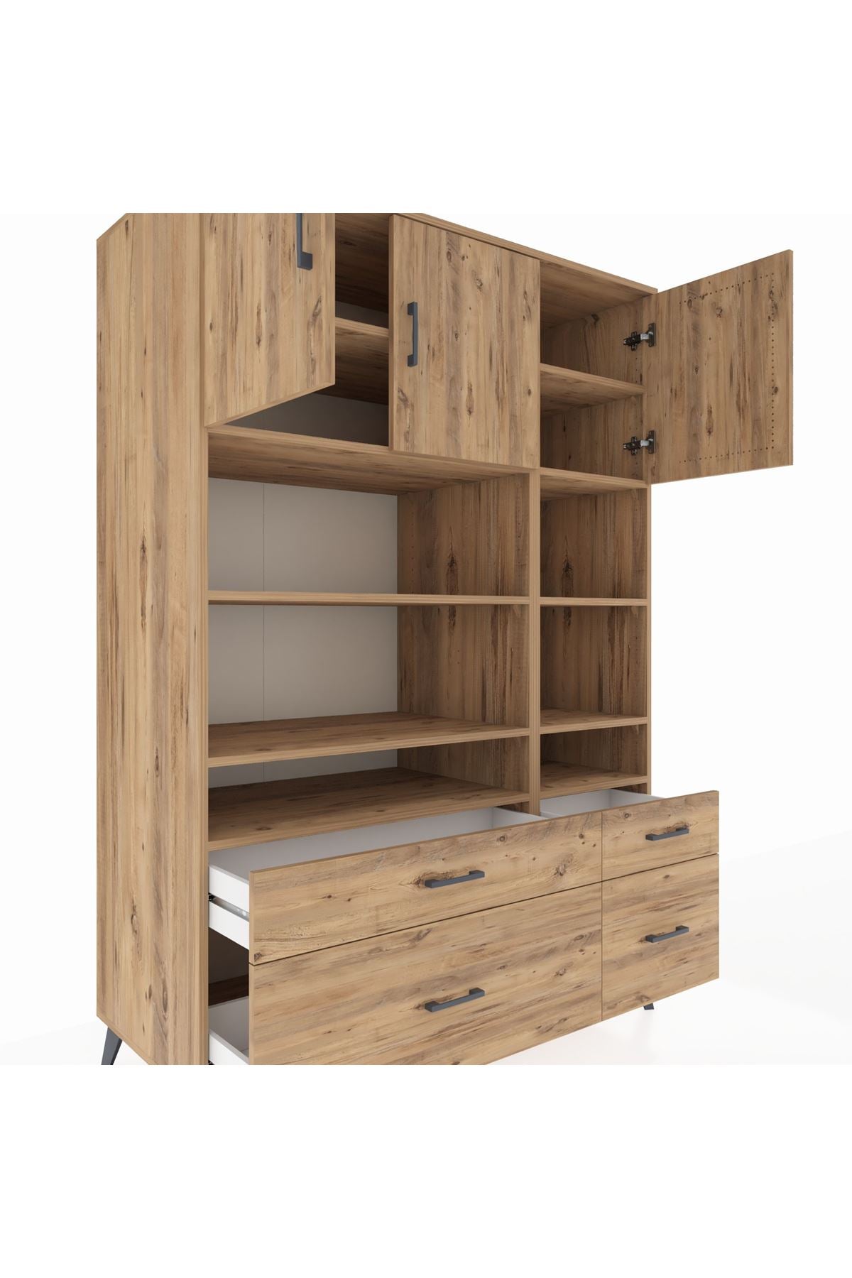 Kronos Dolap 10 Raflı 4 Çekmeceli 3 Kapaklı 132x59x195 Çam-Çam/Çam