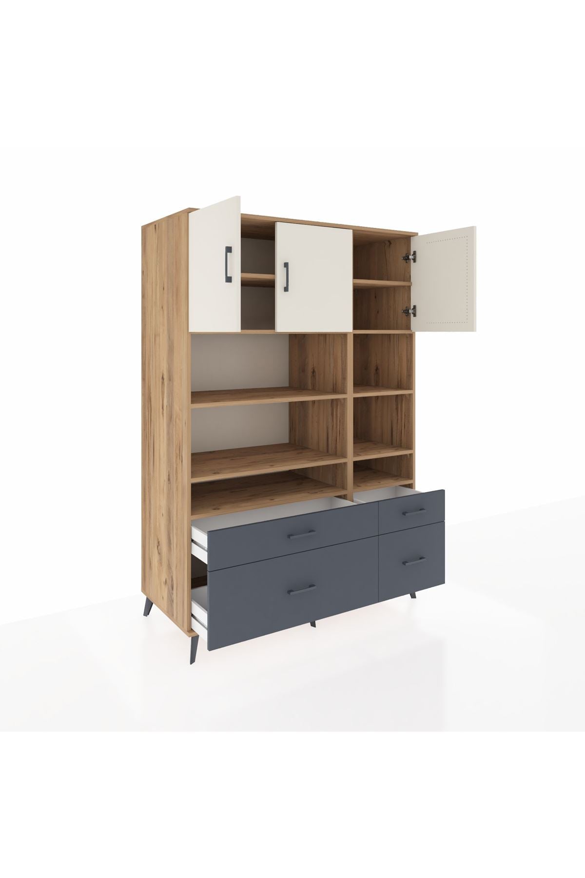 Kronos Dolap 10 Raflı 4 Çekmeceli 3 Kapaklı 132x59x195 Çam-Aytaşı/Antrasit