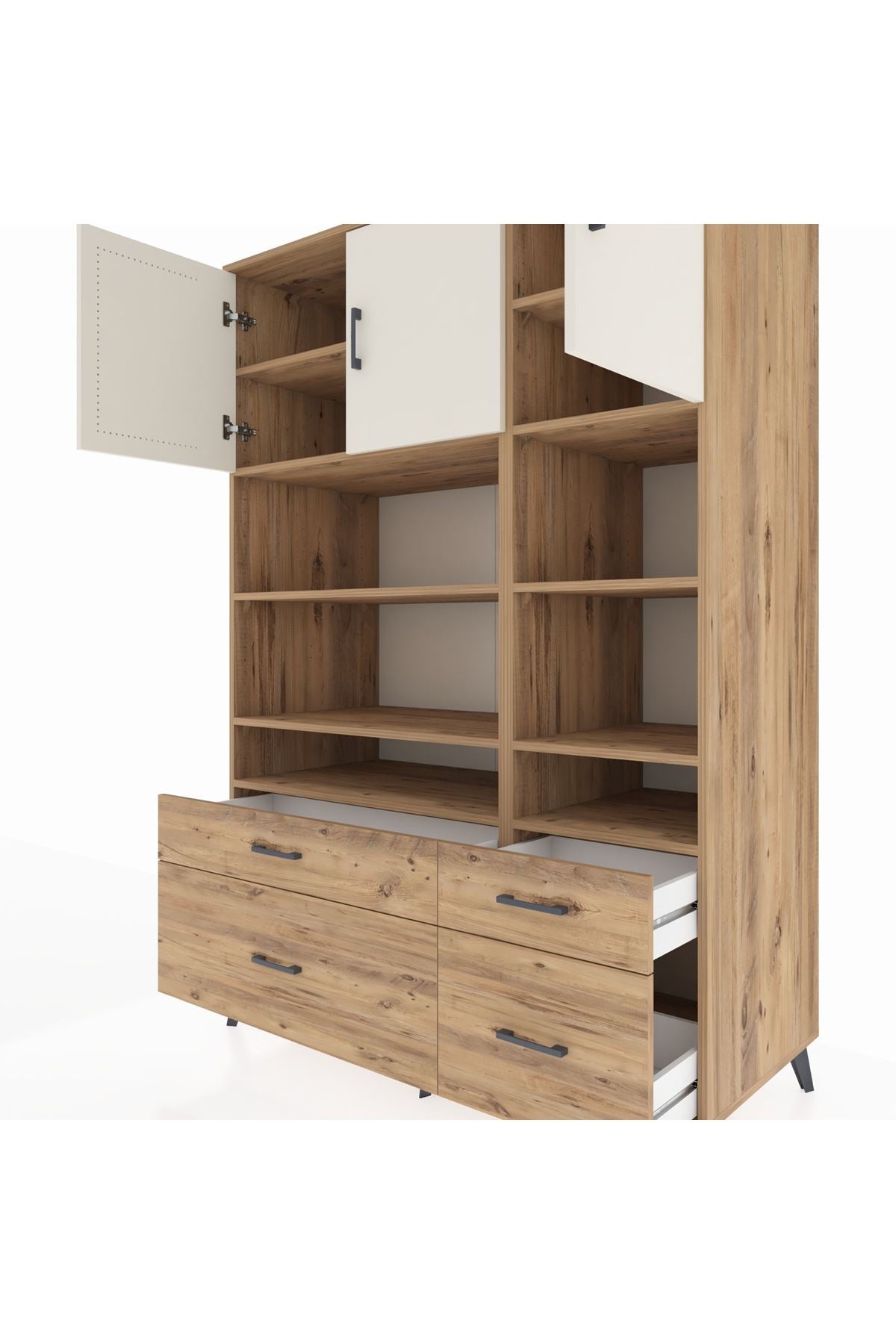 Kronos Dolap 10 Raflı 4 Çekmeceli 3 Kapaklı 132x59x195 Çam-Aytaşı/Çam