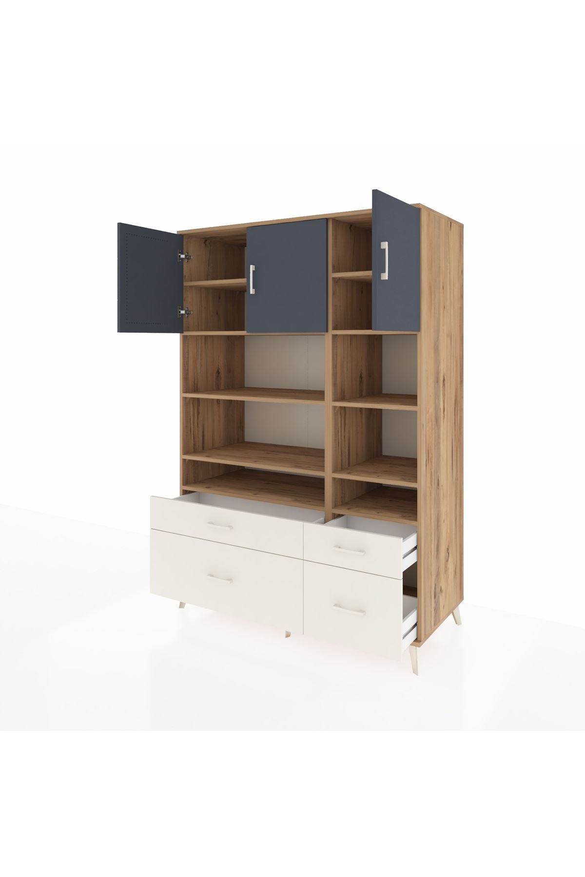 Kronos Dolap 10 Raflı 4 Çekmeceli 3 Kapaklı 132x59x195 Çam-Antrasit/Aytaşı