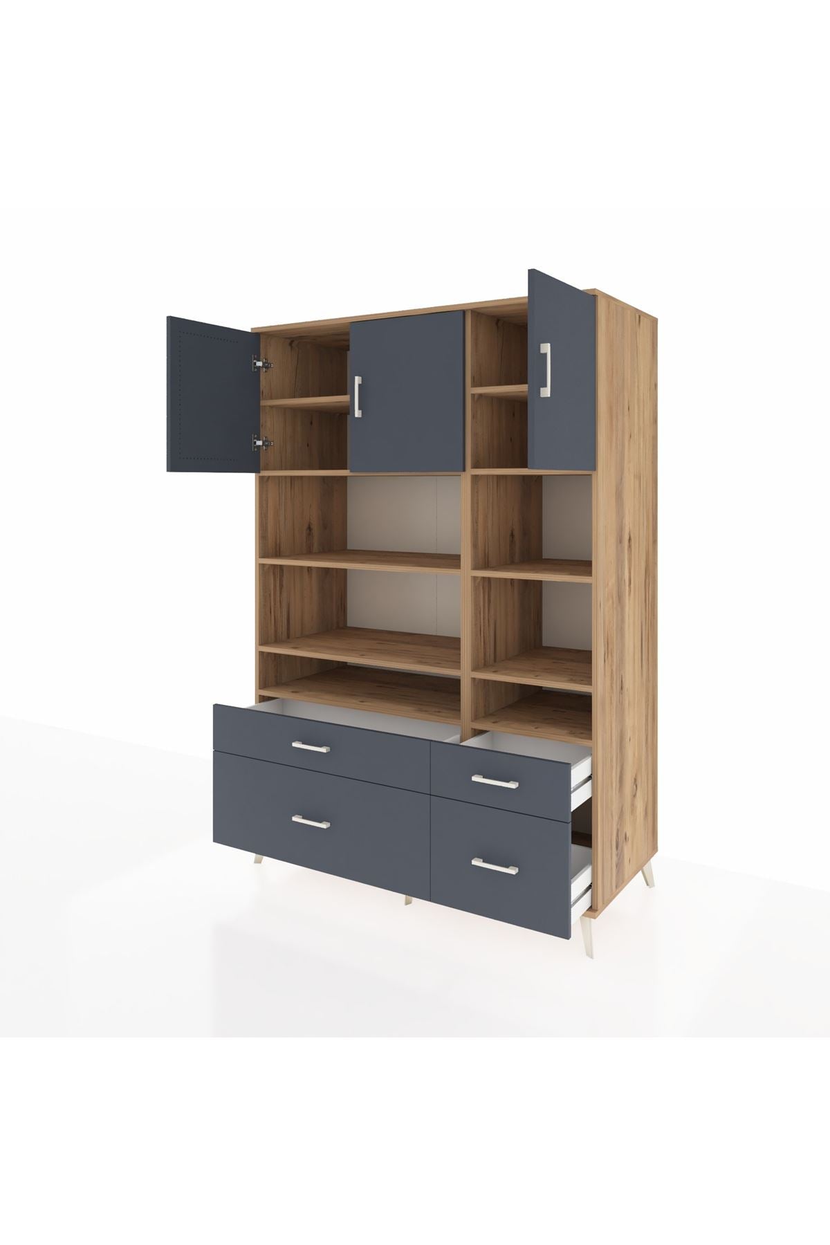 Kronos Dolap 10 Raflı 4 Çekmeceli 3 Kapaklı 132x59x195 Çam-Antrasit/Antrasit