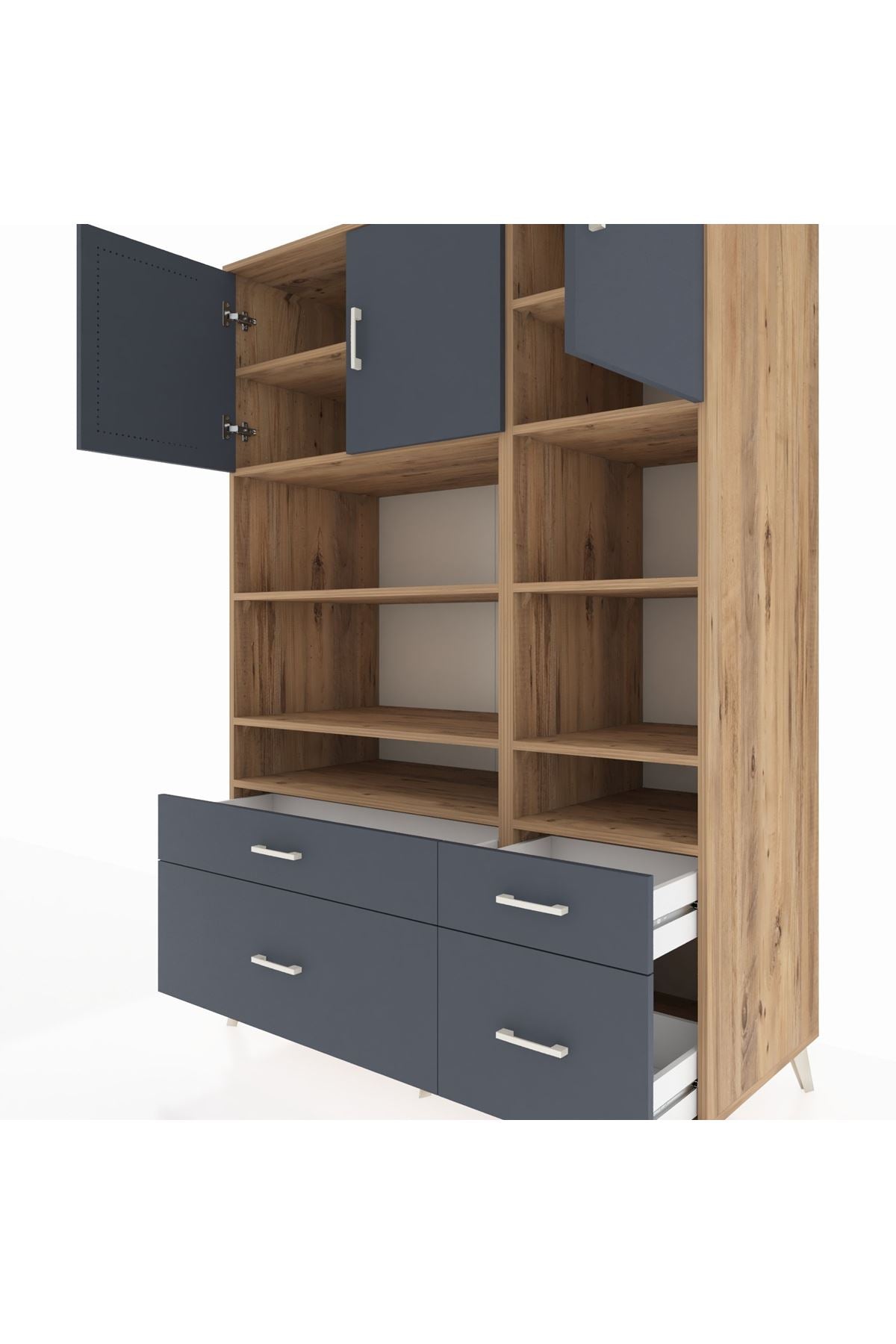 Kronos Dolap 10 Raflı 4 Çekmeceli 3 Kapaklı 132x59x195 Çam-Antrasit/Antrasit