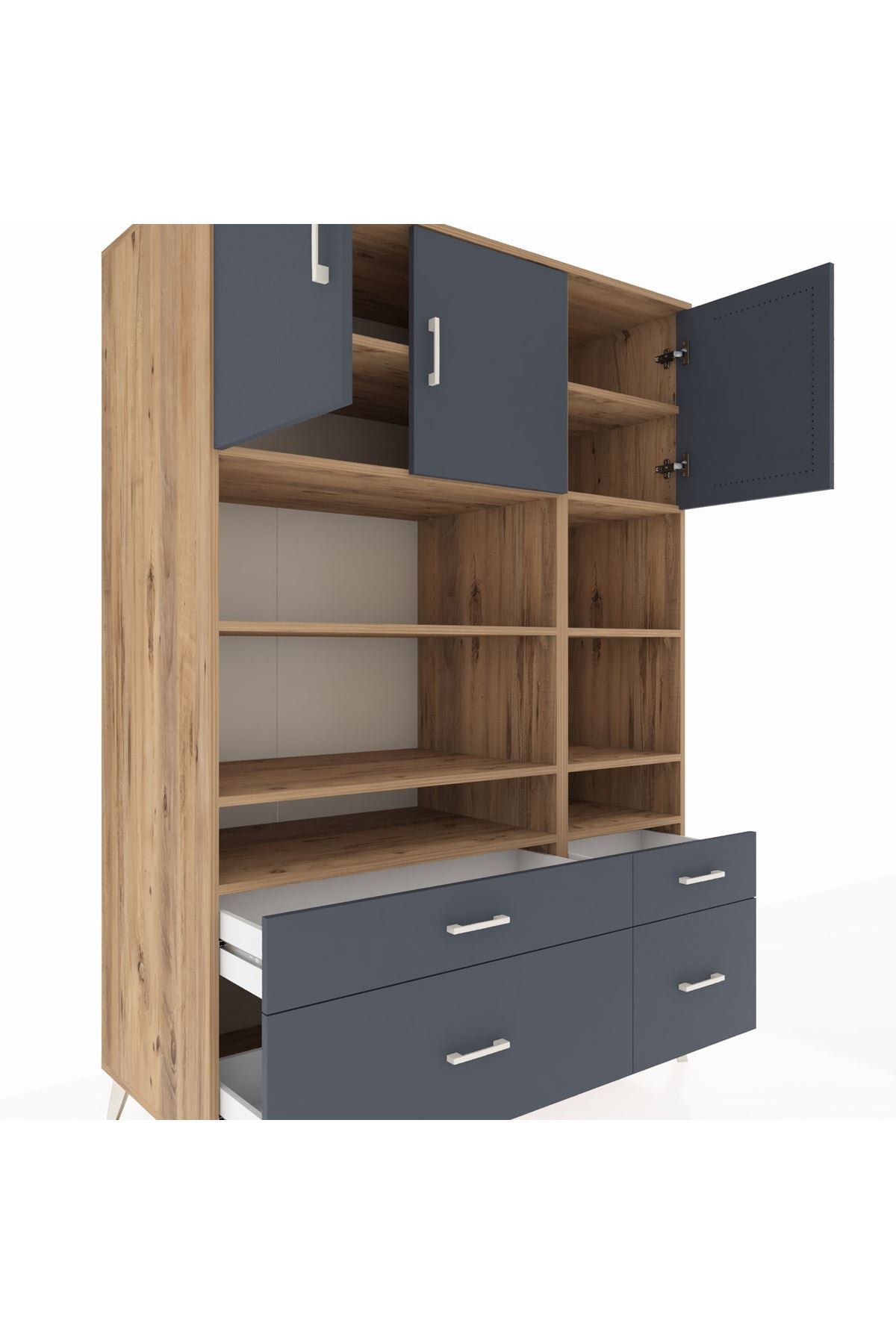 Kronos Dolap 10 Raflı 4 Çekmeceli 3 Kapaklı 132x59x195 Çam-Antrasit/Antrasit