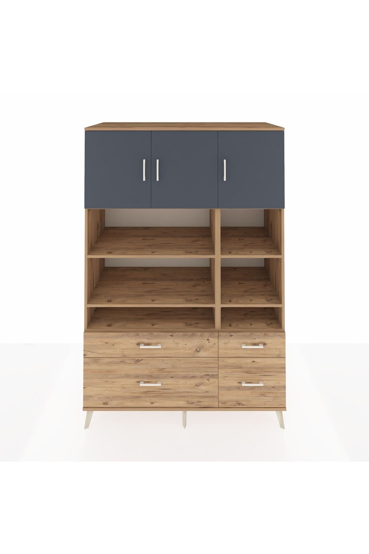 Kronos Dolap 10 Raflı 4 Çekmeceli 3 Kapaklı 132x59x195 Çam-Antrasit/Çam