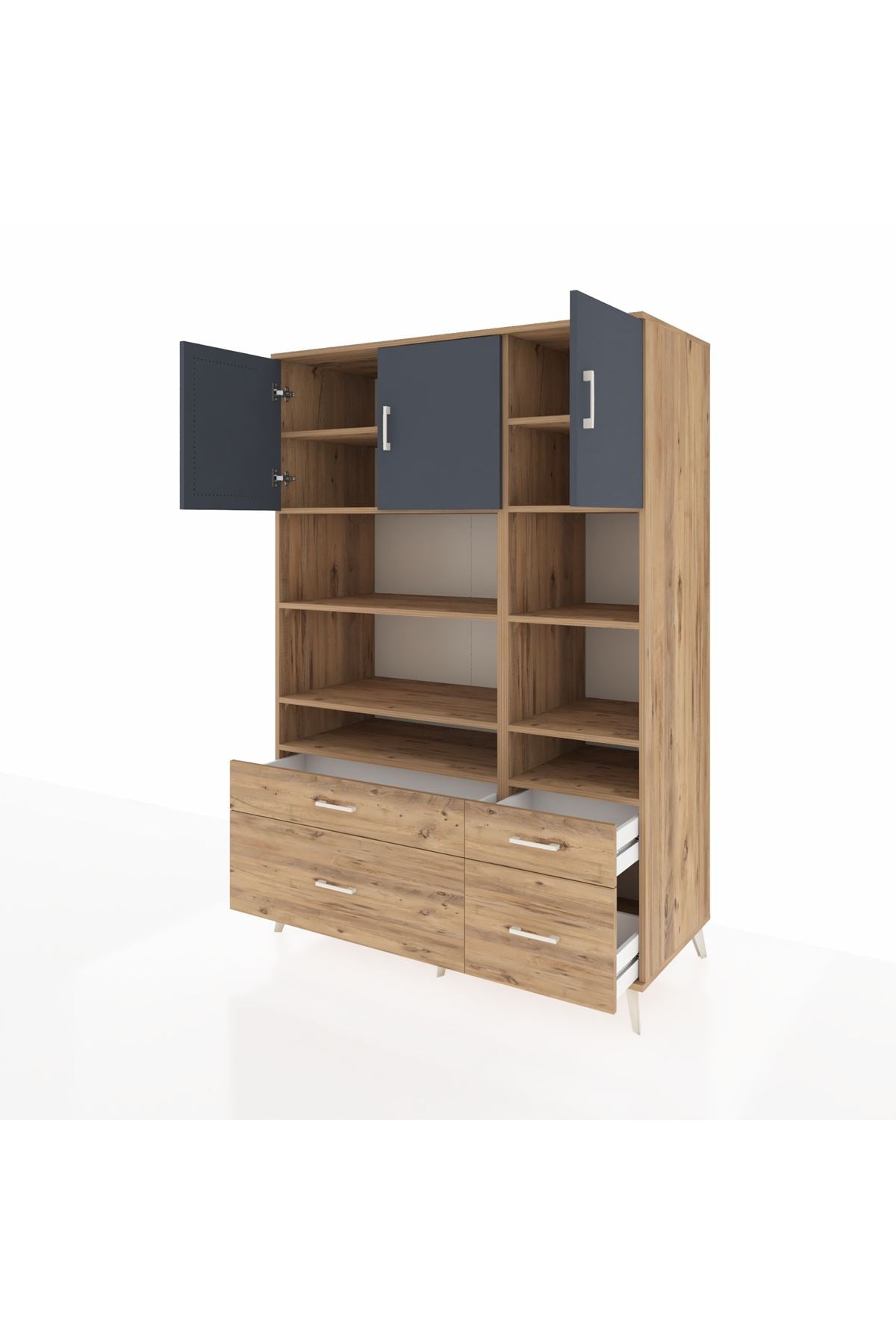 Kronos Dolap 10 Raflı 4 Çekmeceli 3 Kapaklı 132x59x195 Çam-Antrasit/Çam