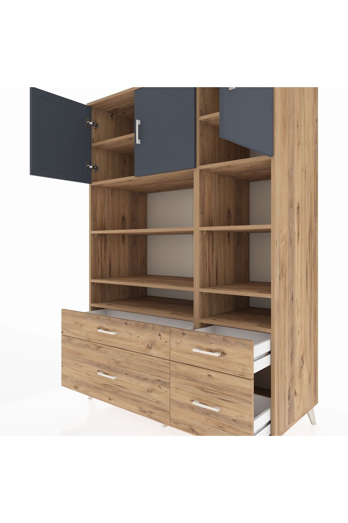 Kronos Dolap 10 Raflı 4 Çekmeceli 3 Kapaklı 132x59x195 Çam-Antrasit/Çam