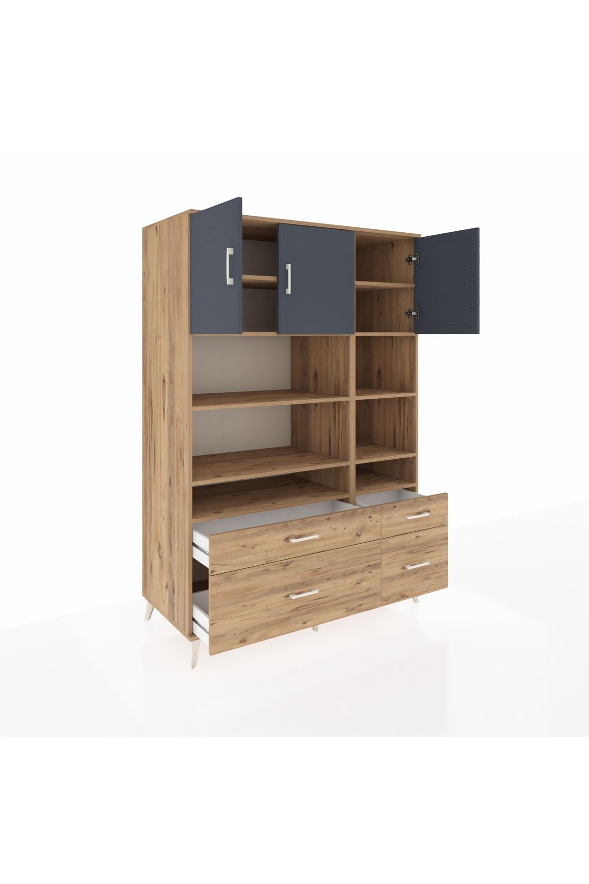 Kronos Dolap 10 Raflı 4 Çekmeceli 3 Kapaklı 132x59x195 Çam-Antrasit/Çam