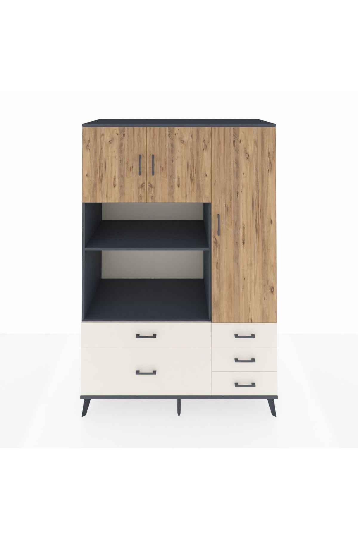 Kronos Dolap 7 Raflı 5 Çekmeceli 3 Kapaklı 132x59x195 Antrasit-Çam/Aytaşı