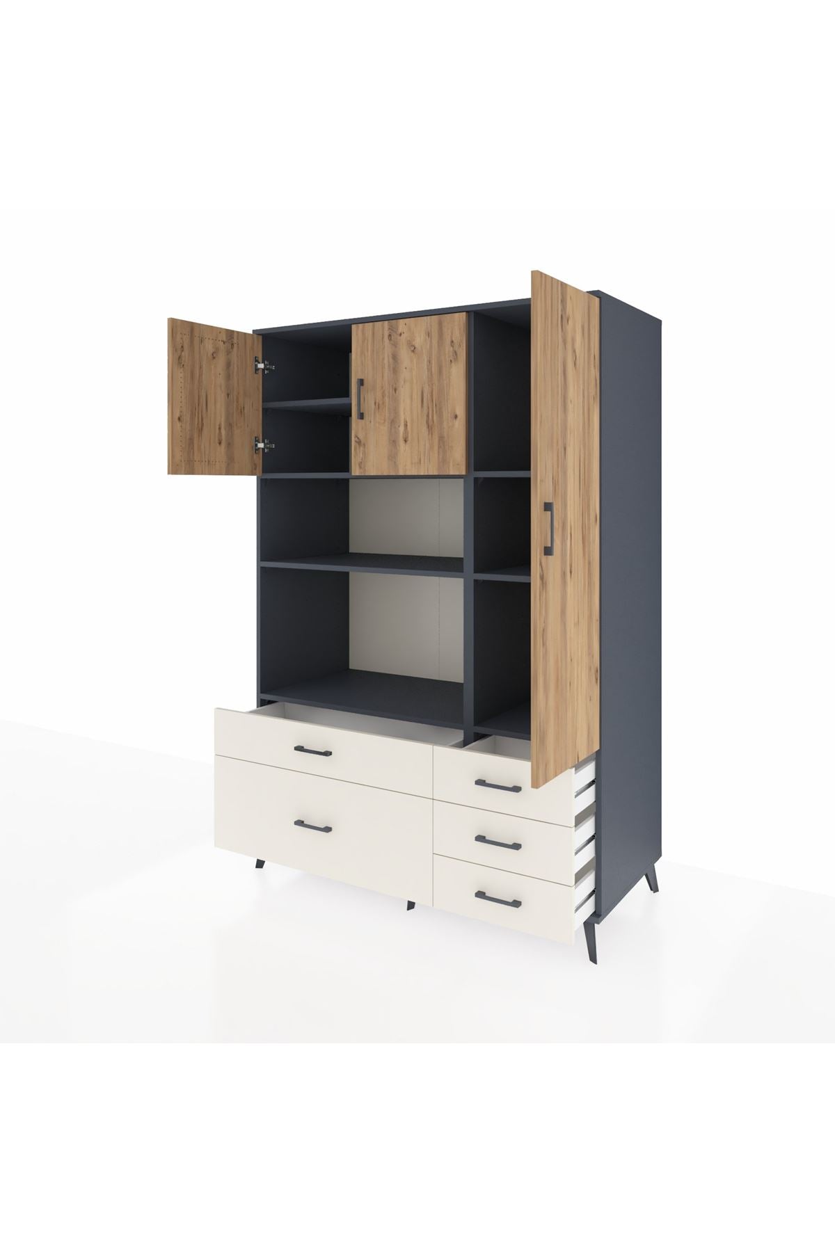 Kronos Dolap 7 Raflı 5 Çekmeceli 3 Kapaklı 132x59x195 Antrasit-Çam/Aytaşı