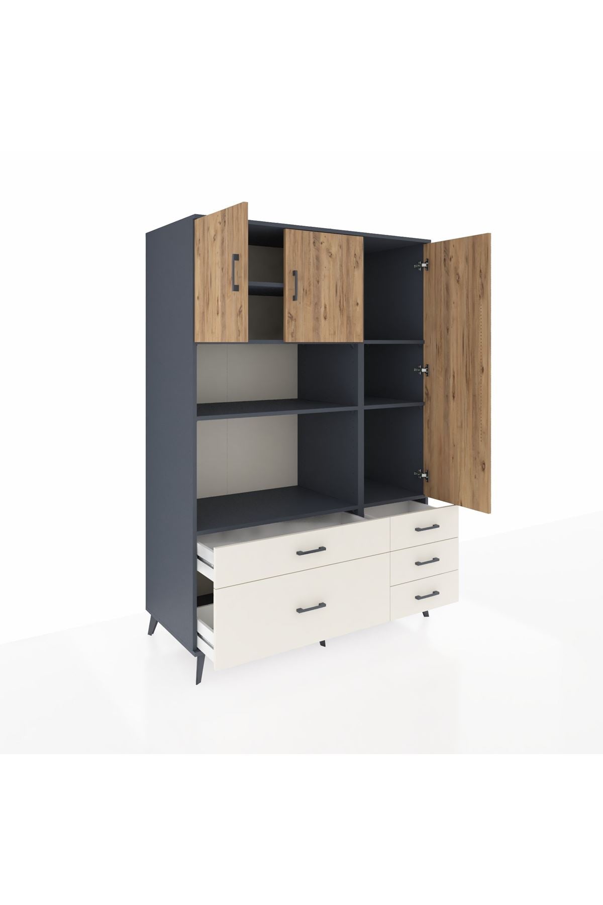 Kronos Dolap 7 Raflı 5 Çekmeceli 3 Kapaklı 132x59x195 Antrasit-Çam/Aytaşı