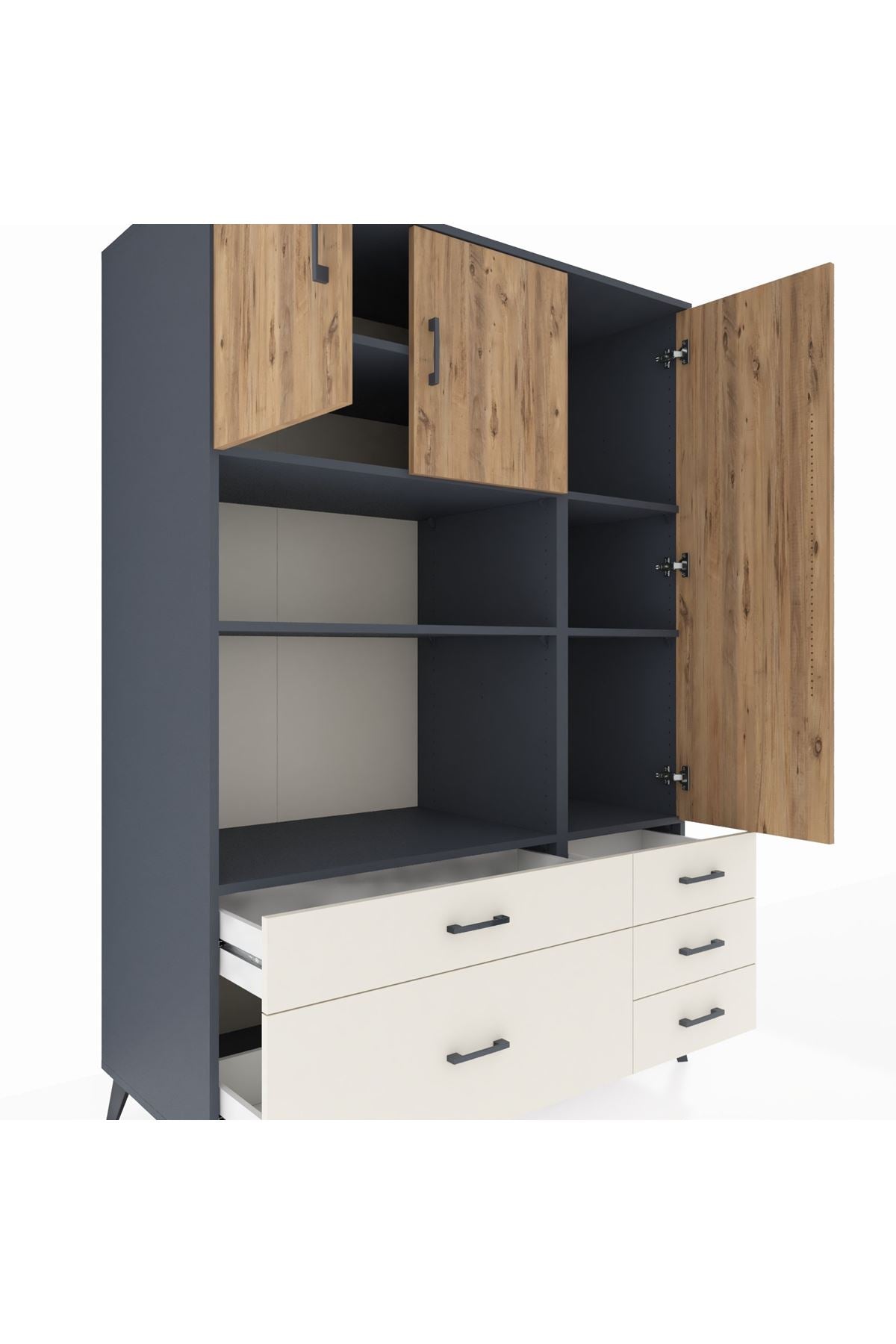 Kronos Dolap 7 Raflı 5 Çekmeceli 3 Kapaklı 132x59x195 Antrasit-Çam/Aytaşı