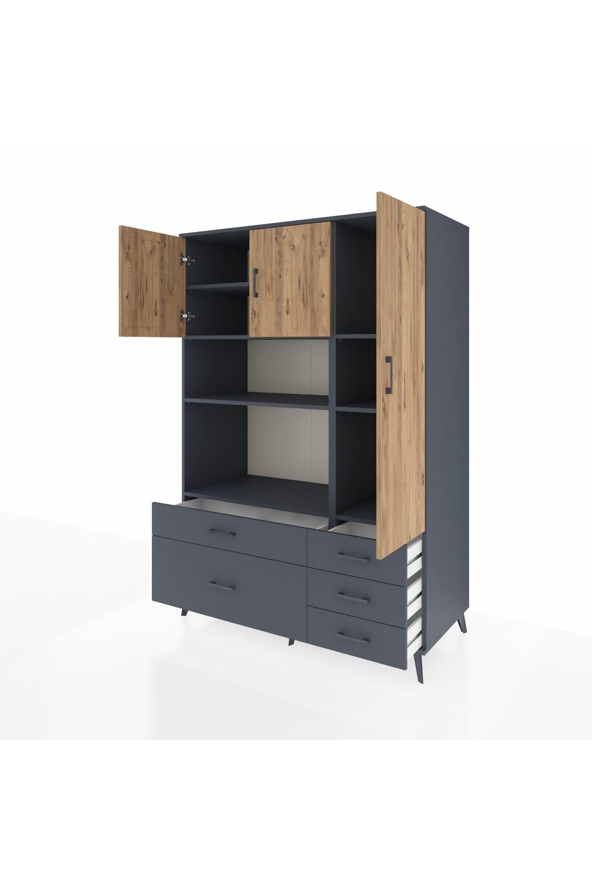 Kronos Dolap 7 Raflı 5 Çekmeceli 3 Kapaklı 132x59x195 Antrasit-Çam/Antrasit