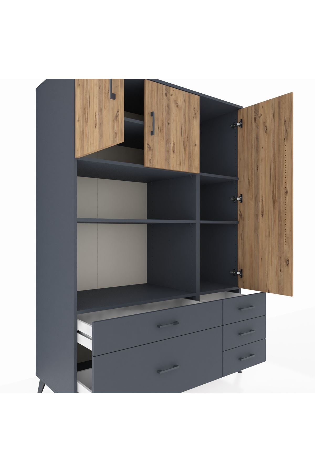 Kronos Dolap 7 Raflı 5 Çekmeceli 3 Kapaklı 132x59x195 Antrasit-Çam/Antrasit