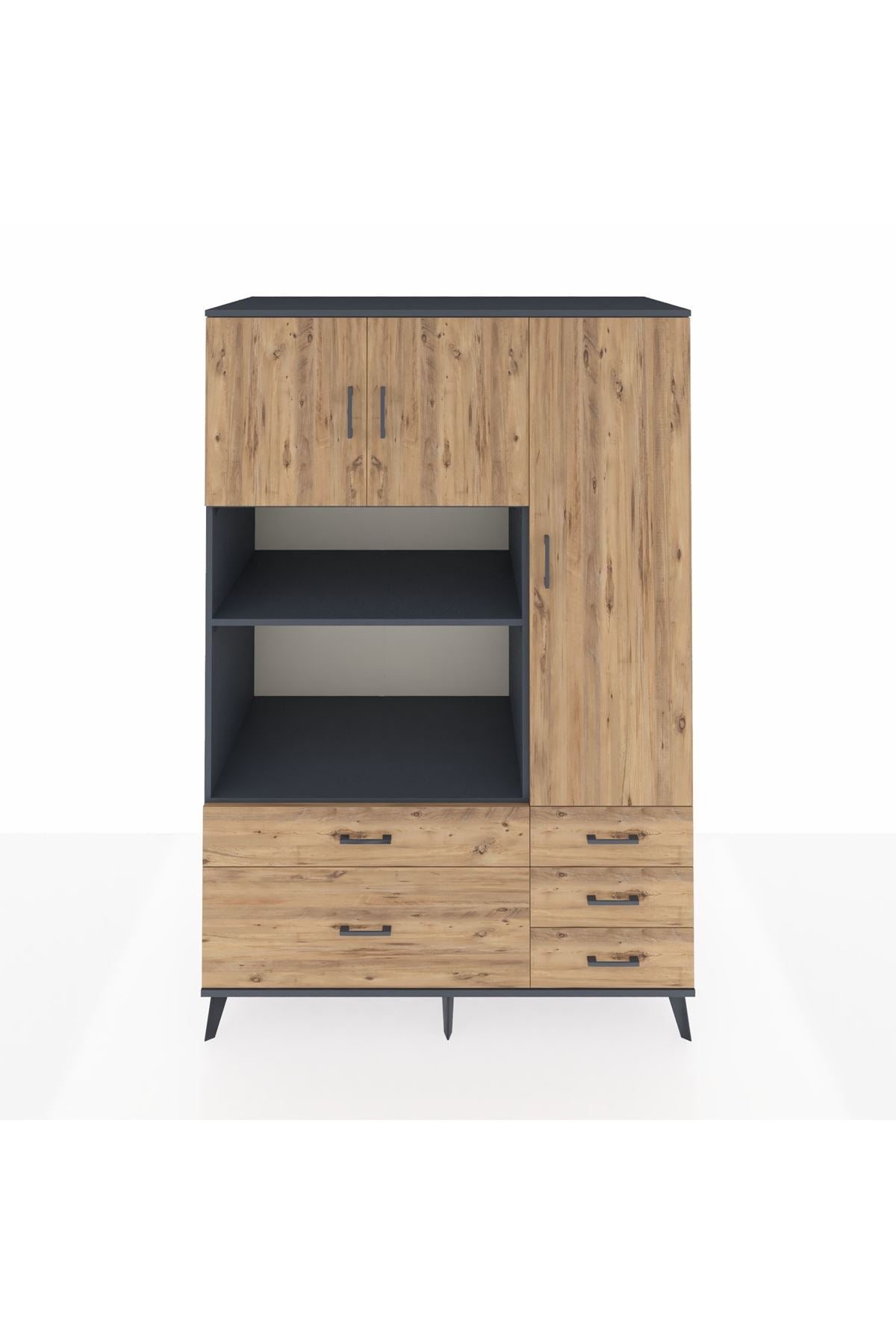 Kronos Dolap 7 Raflı 5 Çekmeceli 3 Kapaklı 132x59x195 Antrasit-Çam/Çam