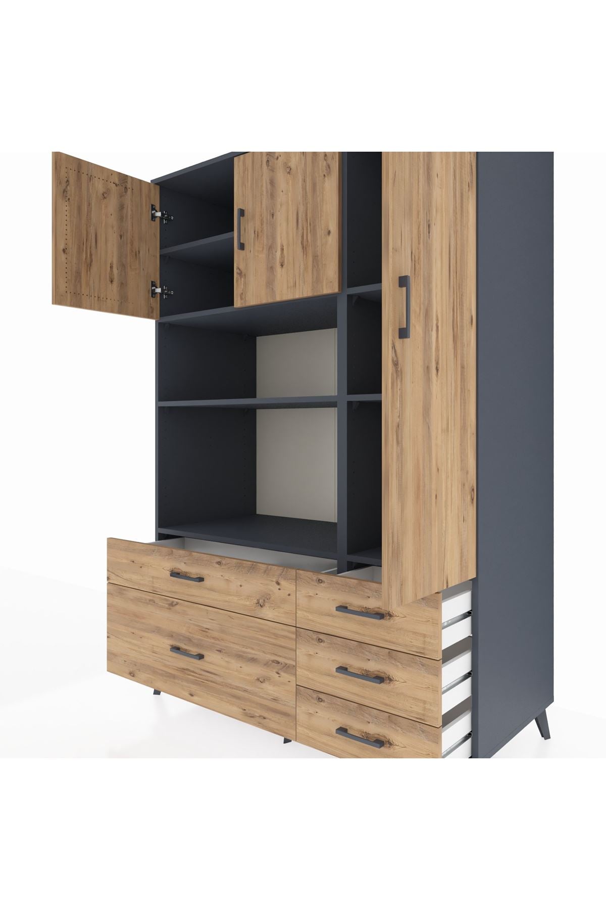 Kronos Dolap 7 Raflı 5 Çekmeceli 3 Kapaklı 132x59x195 Antrasit-Çam/Çam