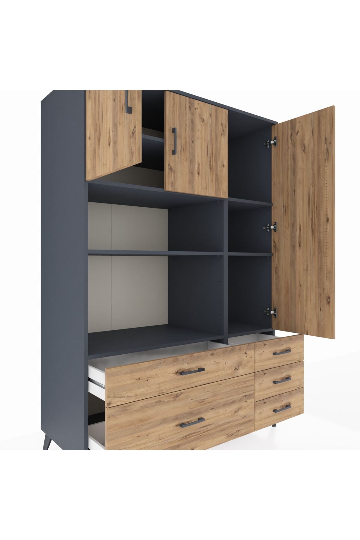 Kronos Dolap 7 Raflı 5 Çekmeceli 3 Kapaklı 132x59x195 Antrasit-Çam/Çam