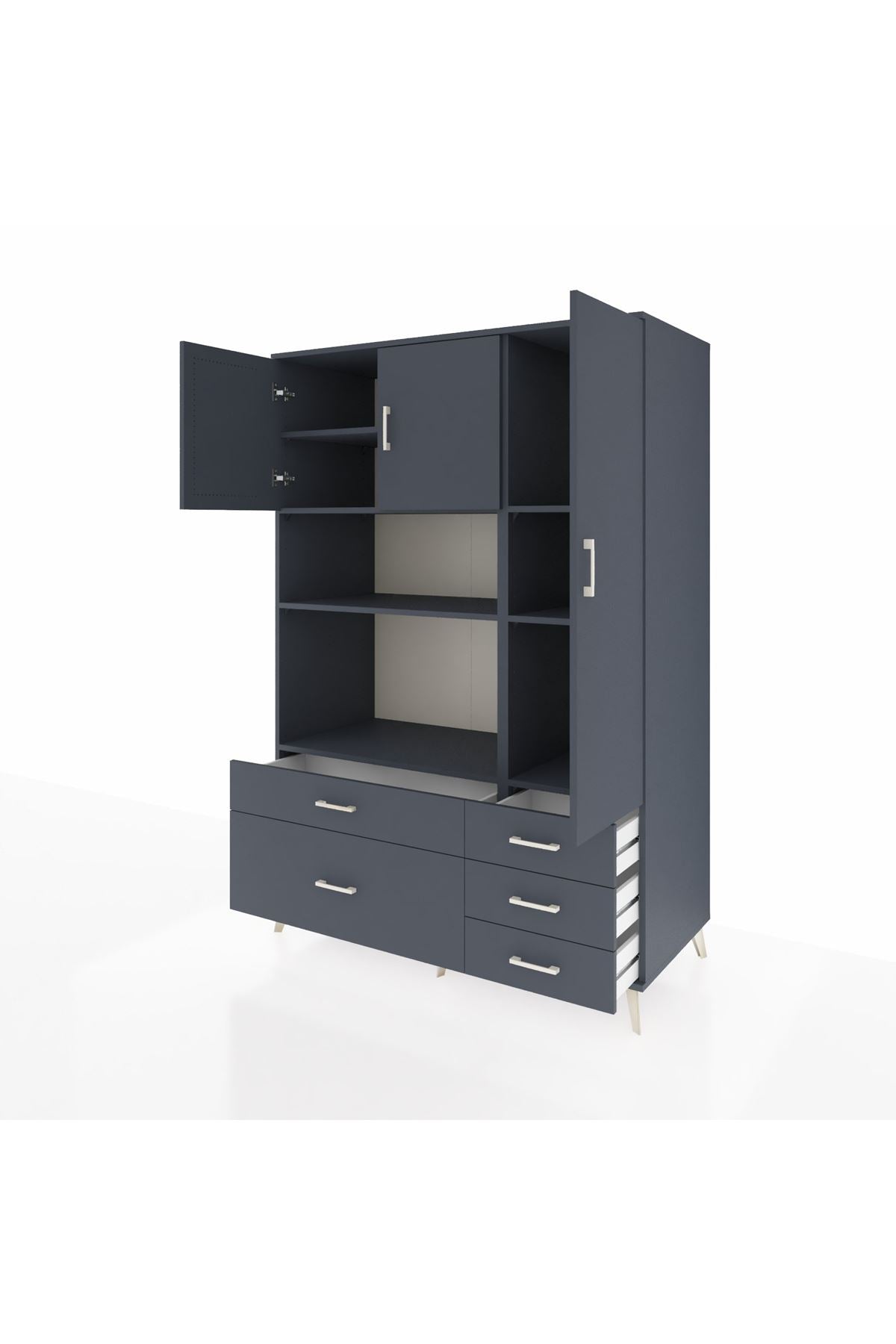 Kronos Dolap 7 Raflı 5 Çekmeceli 3 Kapaklı 132x59x195 Antrasit-Antrasit/Antrasit