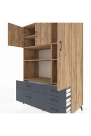 Kronos Dolap 7 Raflı 5 Çekmeceli 3 Kapaklı 132x59x195 Çam-Çam/Antrasit