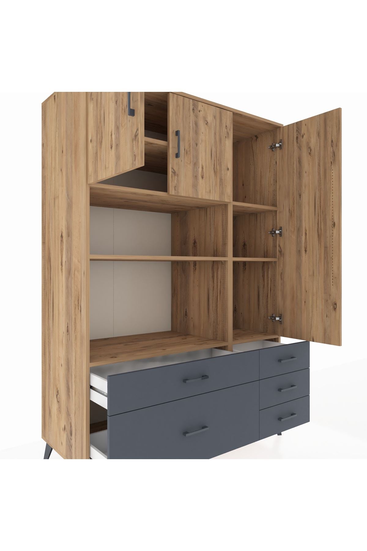 Kronos Dolap 7 Raflı 5 Çekmeceli 3 Kapaklı 132x59x195 Çam-Çam/Antrasit