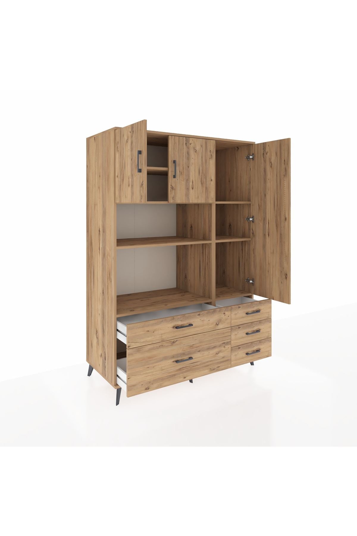 Kronos Dolap 7 Raflı 5 Çekmeceli 3 Kapaklı 132x59x195 Çam-Çam/Çam