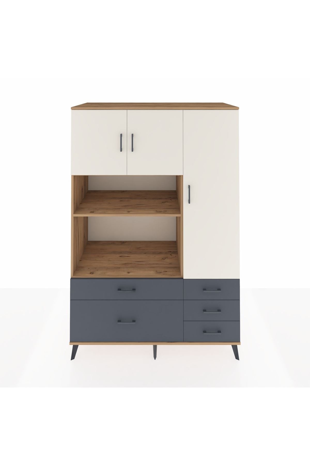 Kronos Dolap 7 Raflı 5 Çekmeceli 3 Kapaklı 132x59x195 Çam-Aytaşı/Antrasit