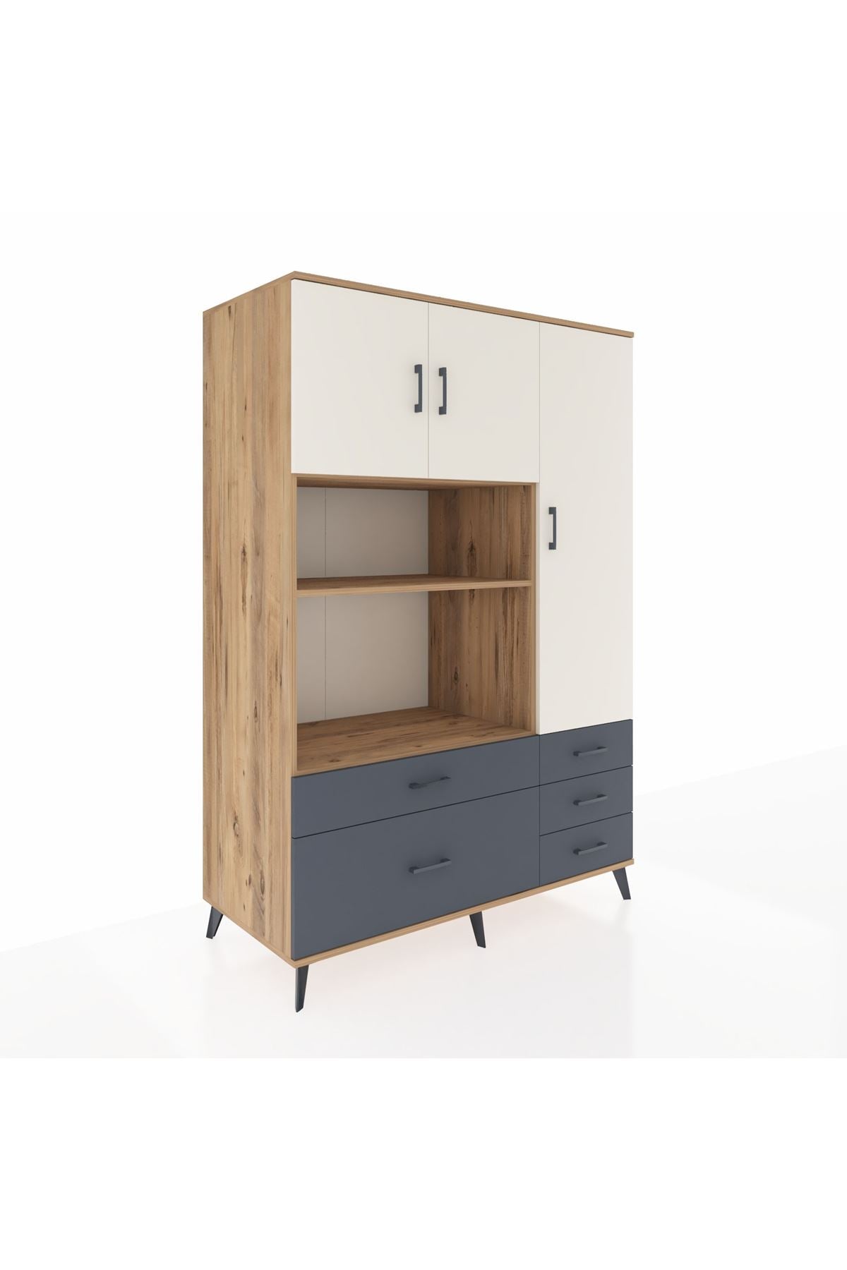 Kronos Dolap 7 Raflı 5 Çekmeceli 3 Kapaklı 132x59x195 Çam-Aytaşı/Antrasit