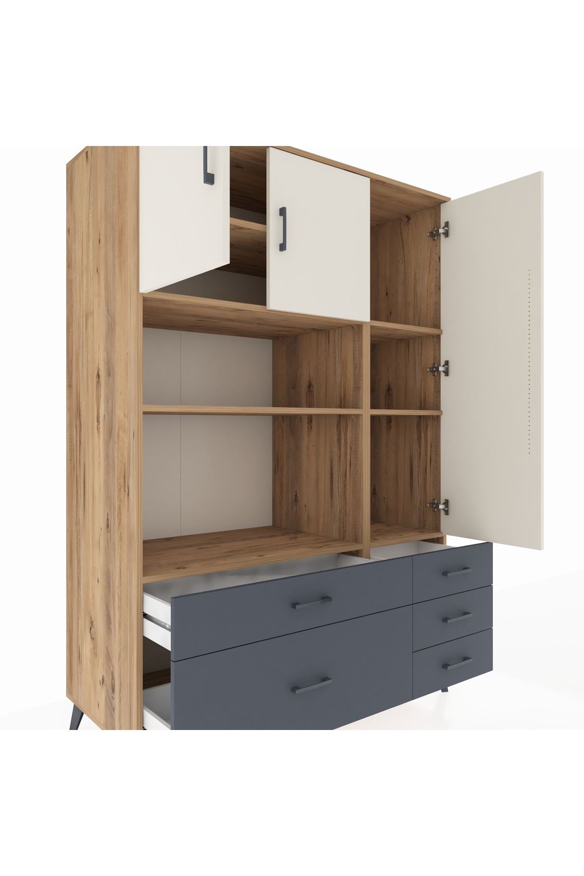 Kronos Dolap 7 Raflı 5 Çekmeceli 3 Kapaklı 132x59x195 Çam-Aytaşı/Antrasit