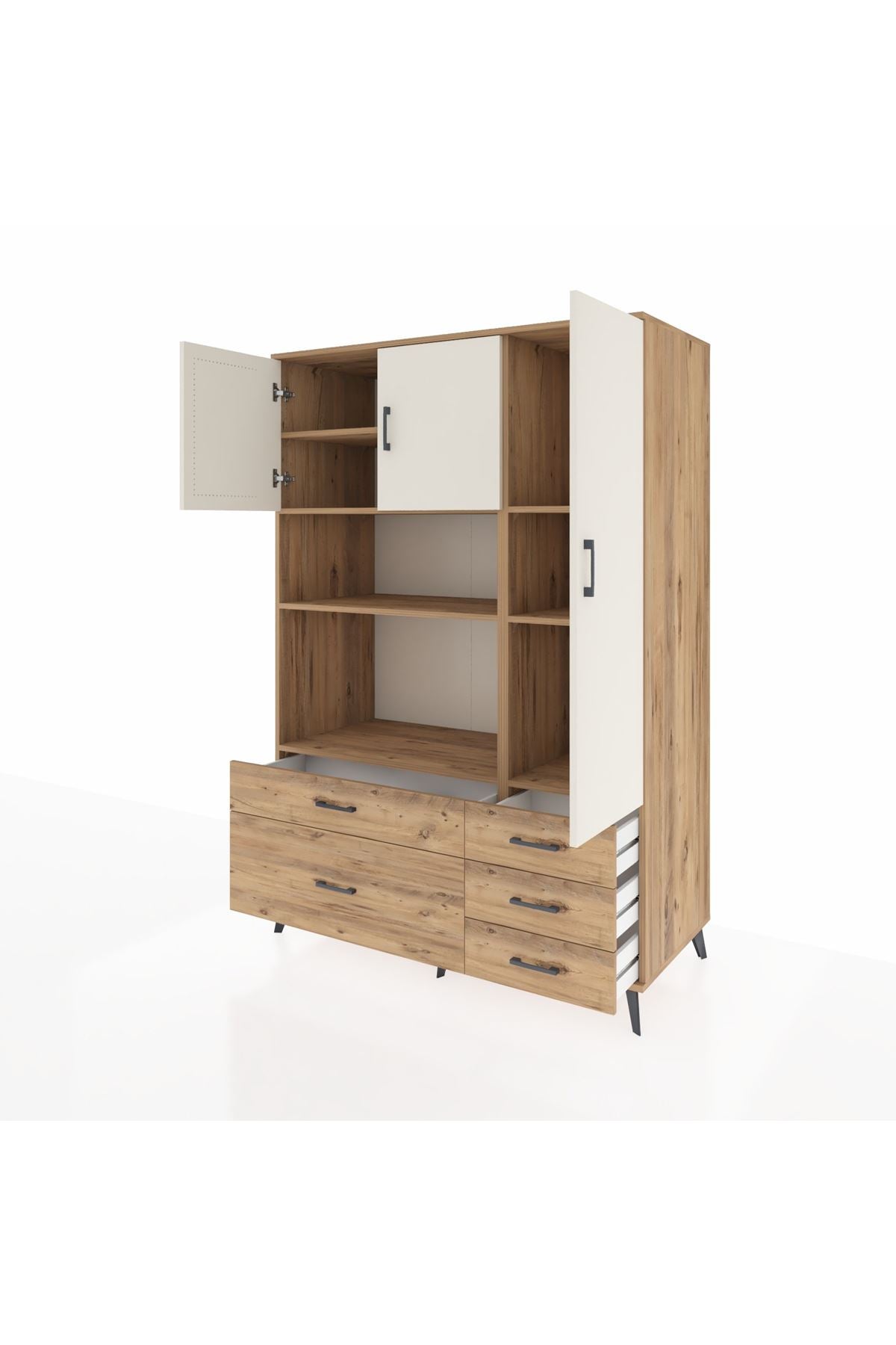 Kronos Dolap 7 Raflı 5 Çekmeceli 3 Kapaklı 132x59x195 Çam-Aytaşı/Çam